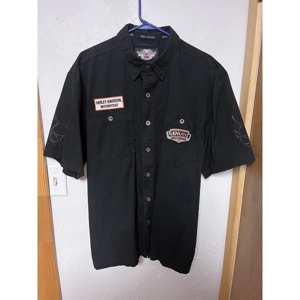 Harley Davidson Motorcycles Black Short Sleeve Work Shirt Mens XL Flames Genuine